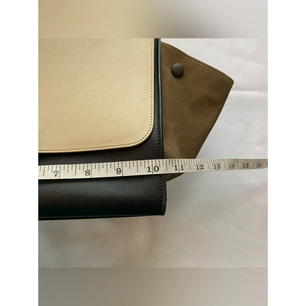 Celine 2014 Tricolor Trapeze Ivory/ Khaki/ Black Drummed Leather Satchel Luxury